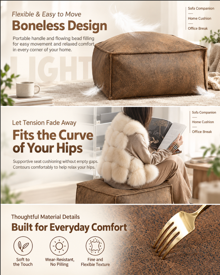 Square Pouf Ottoman Cover in Faux Suede for Footrest Use