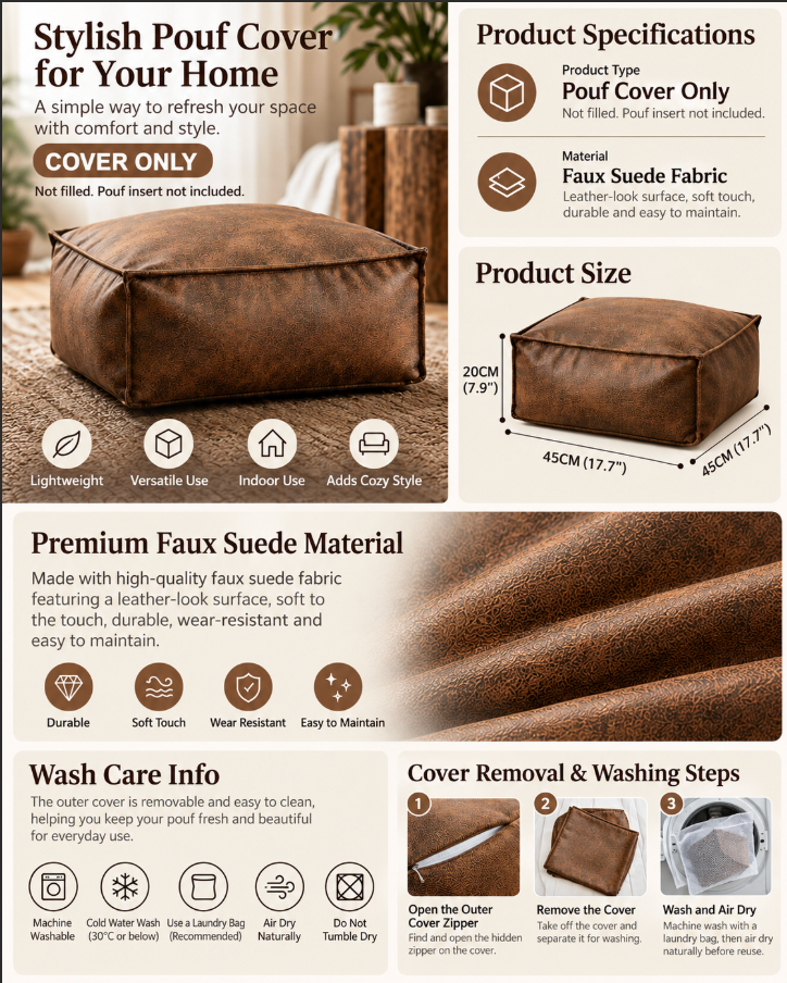 Square Pouf Ottoman Cover in Faux Suede for Footrest Use