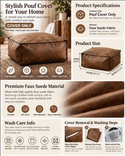 Square Pouf Ottoman Cover in Faux Suede for Footrest Use