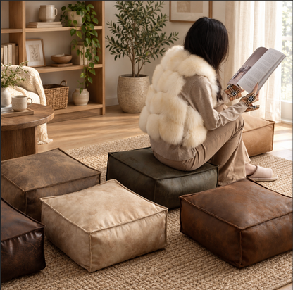 Square Pouf Ottoman Cover in Faux Suede for Footrest Use