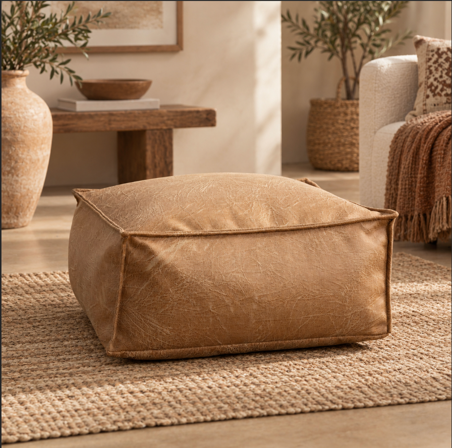 Square Pouf Ottoman Cover in Faux Suede for Footrest Use