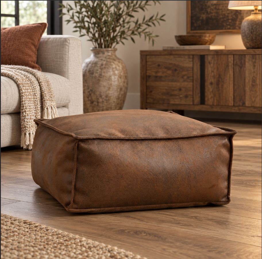 Square Pouf Ottoman Cover in Faux Suede for Footrest Use