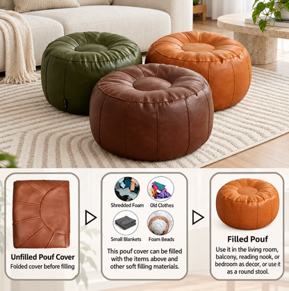 Faux Leather Pouf Ottoman Cover with Tufted Design