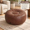 Faux Leather Pouf Ottoman Cover with Tufted Design