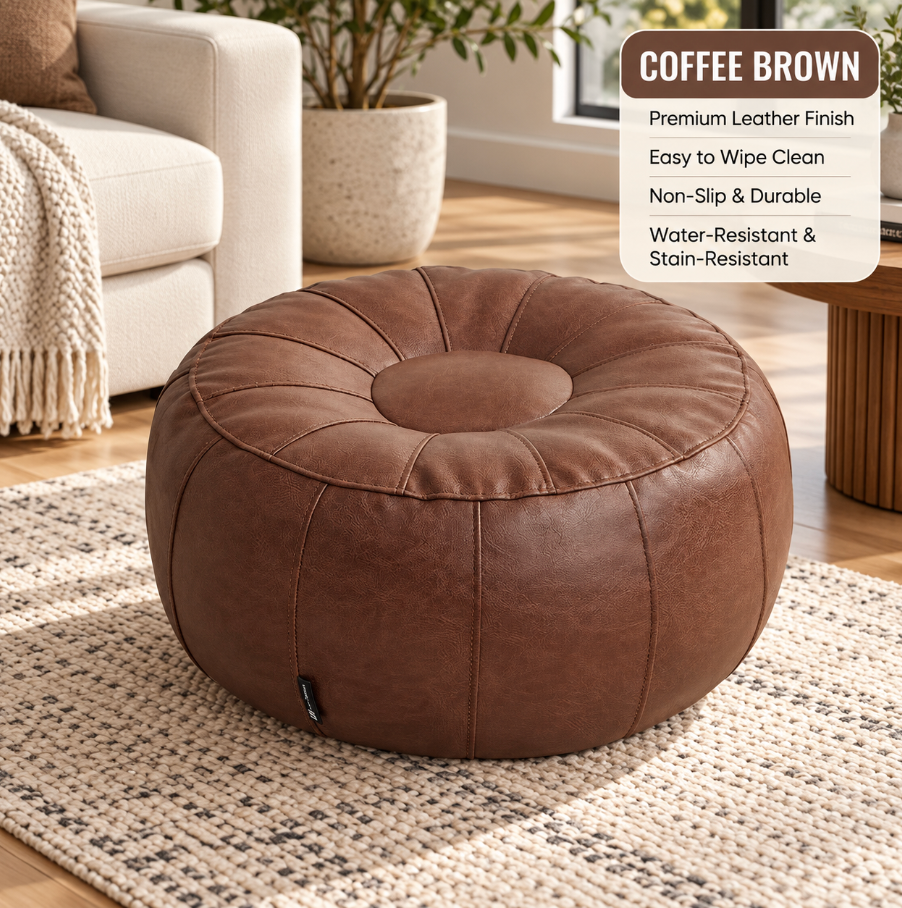 Faux Leather Pouf Ottoman Cover with Tufted Design