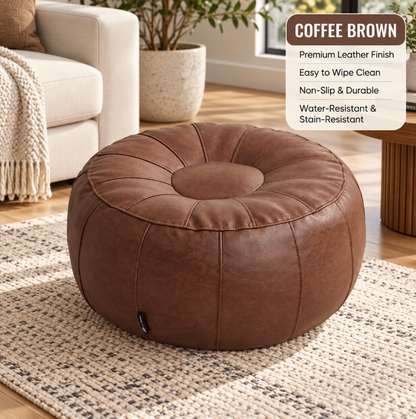 Faux Leather Pouf Ottoman Cover with Tufted Design