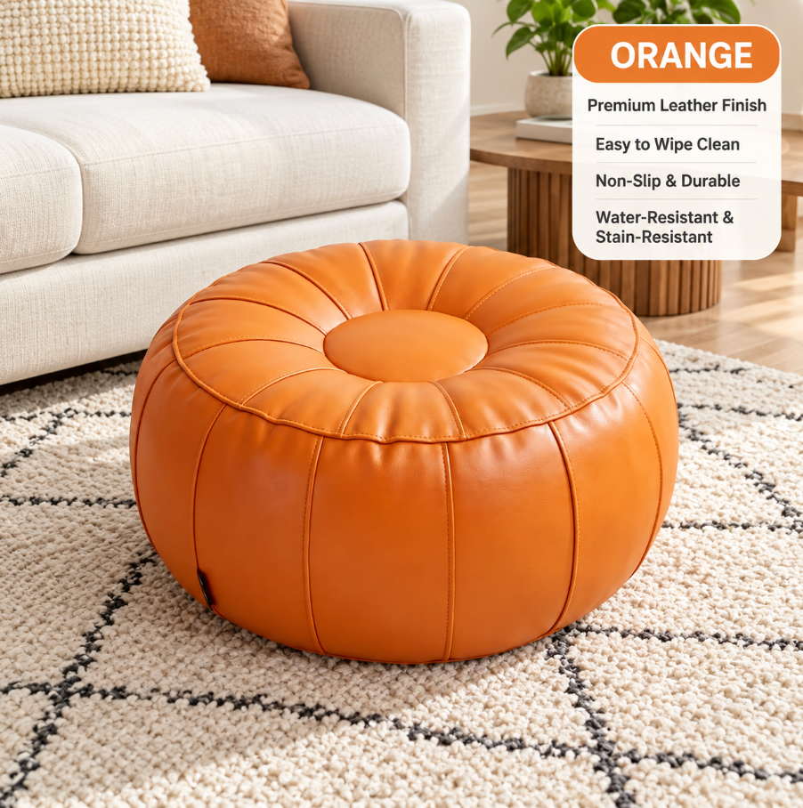 Faux Leather Pouf Ottoman Cover with Tufted Design