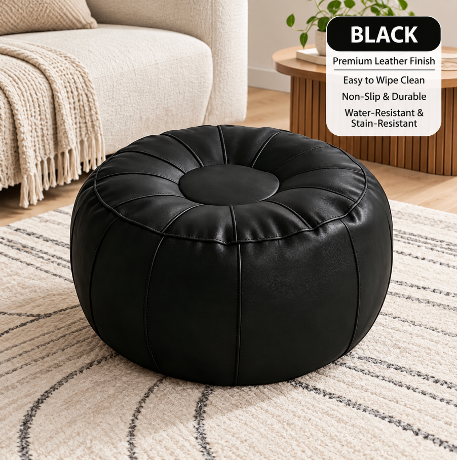 Faux Leather Pouf Ottoman Cover with Tufted Design