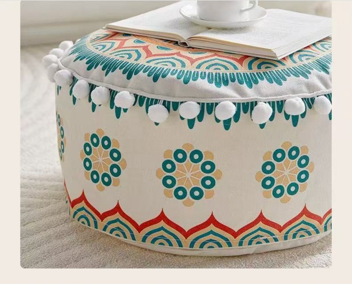 Pouffe Stool with Bohemian Geometric Print and Pom Pom Trim