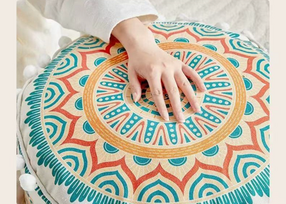 Pouffe Stool with Bohemian Geometric Print and Pom Pom Trim