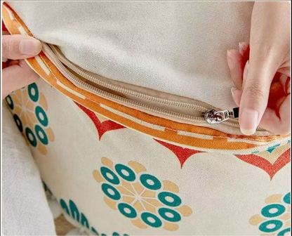 Pouffe Stool with Bohemian Geometric Print and Pom Pom Trim