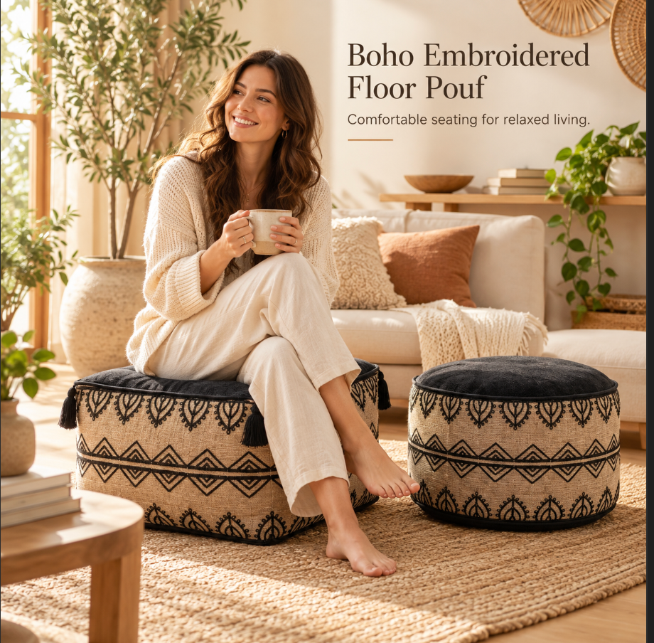 Pouffe Stool with Chenille Top and Moroccan Embroidery