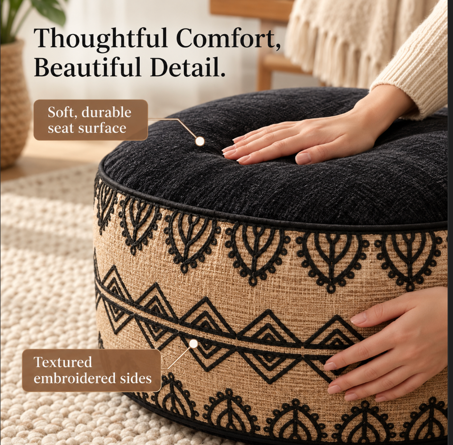 Pouffe Stool with Chenille Top and Moroccan Embroidery
