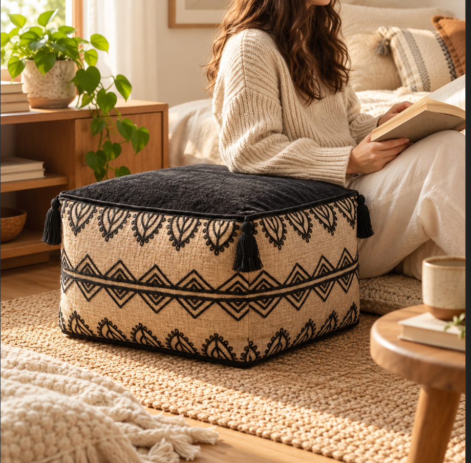 Pouffe Stool with Chenille Top and Moroccan Embroidery