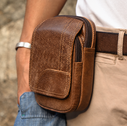 Men’s Leather Waist Bag with Vintage Cowhide Multi-Pocket Phone Storage
