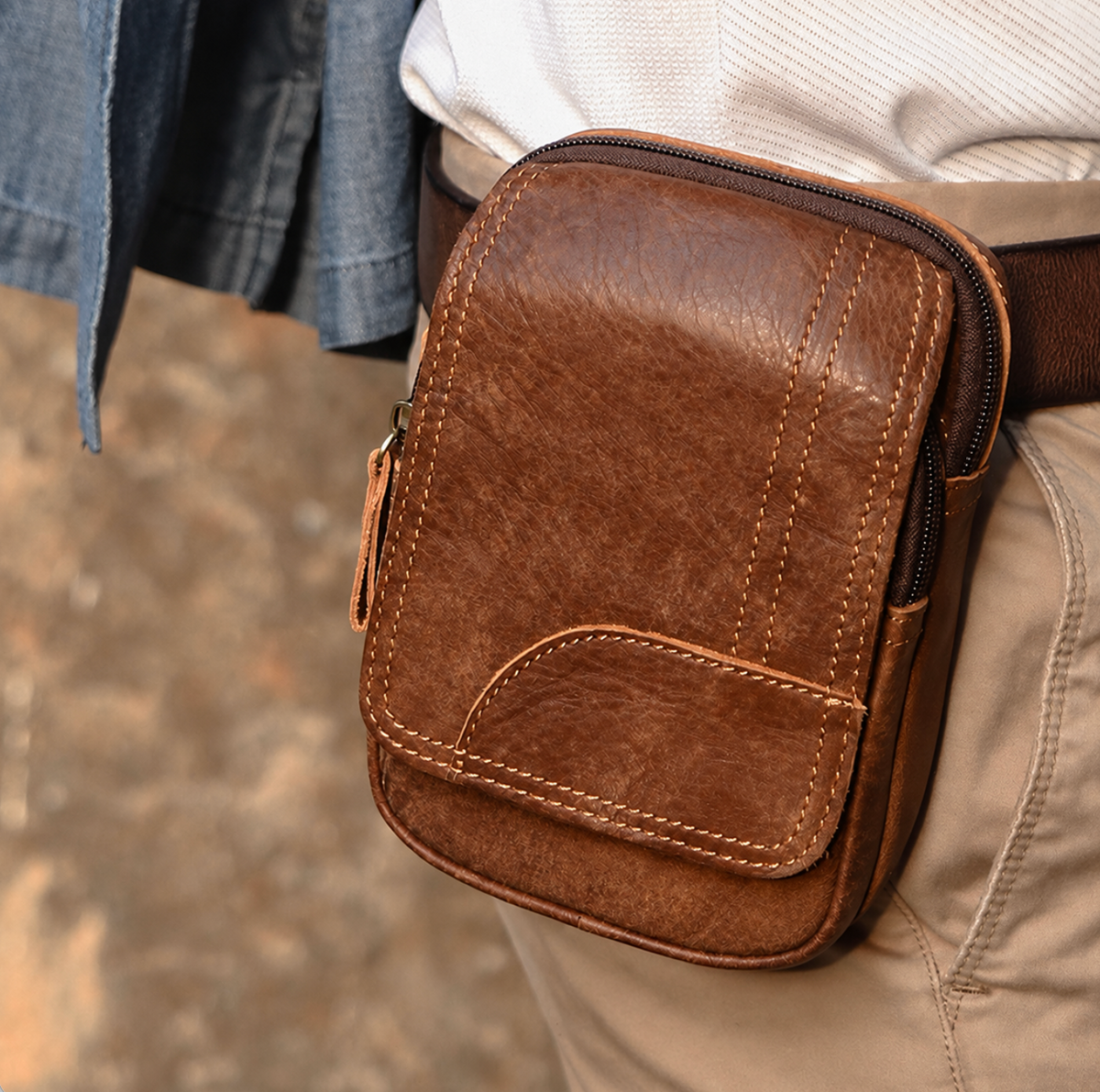 Men’s Leather Waist Bag with Vintage Cowhide Multi-Pocket Phone Storage