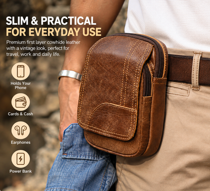 Men’s Leather Waist Bag with Vintage Cowhide Multi-Pocket Phone Storage