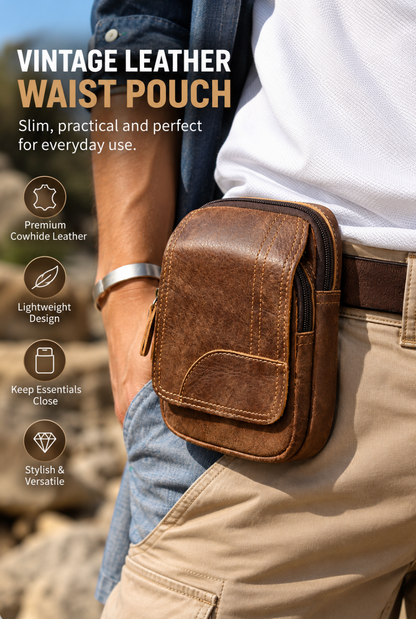 Men’s Leather Waist Bag with Vintage Cowhide Multi-Pocket Phone Storage