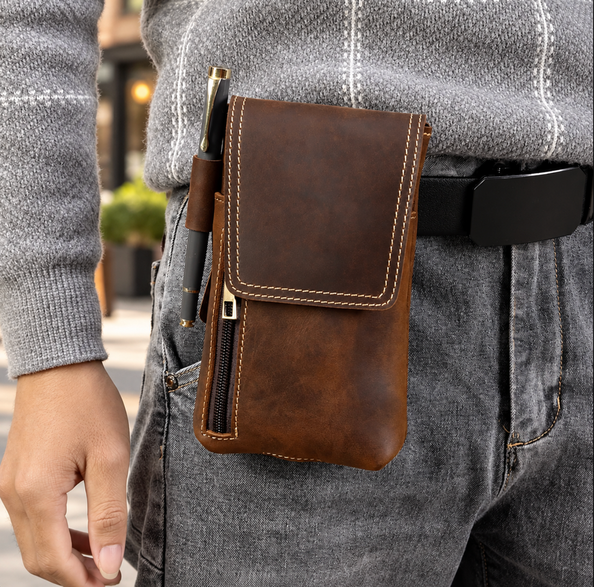 Men’s Leather Waist Bag with Magnetic Phone Pouch and Zipper Pocket