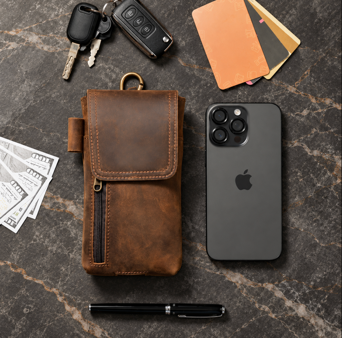 Men’s Leather Waist Bag with Magnetic Phone Pouch and Zipper Pocket