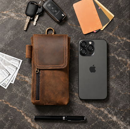 Men’s Leather Waist Bag with Magnetic Phone Pouch and Zipper Pocket