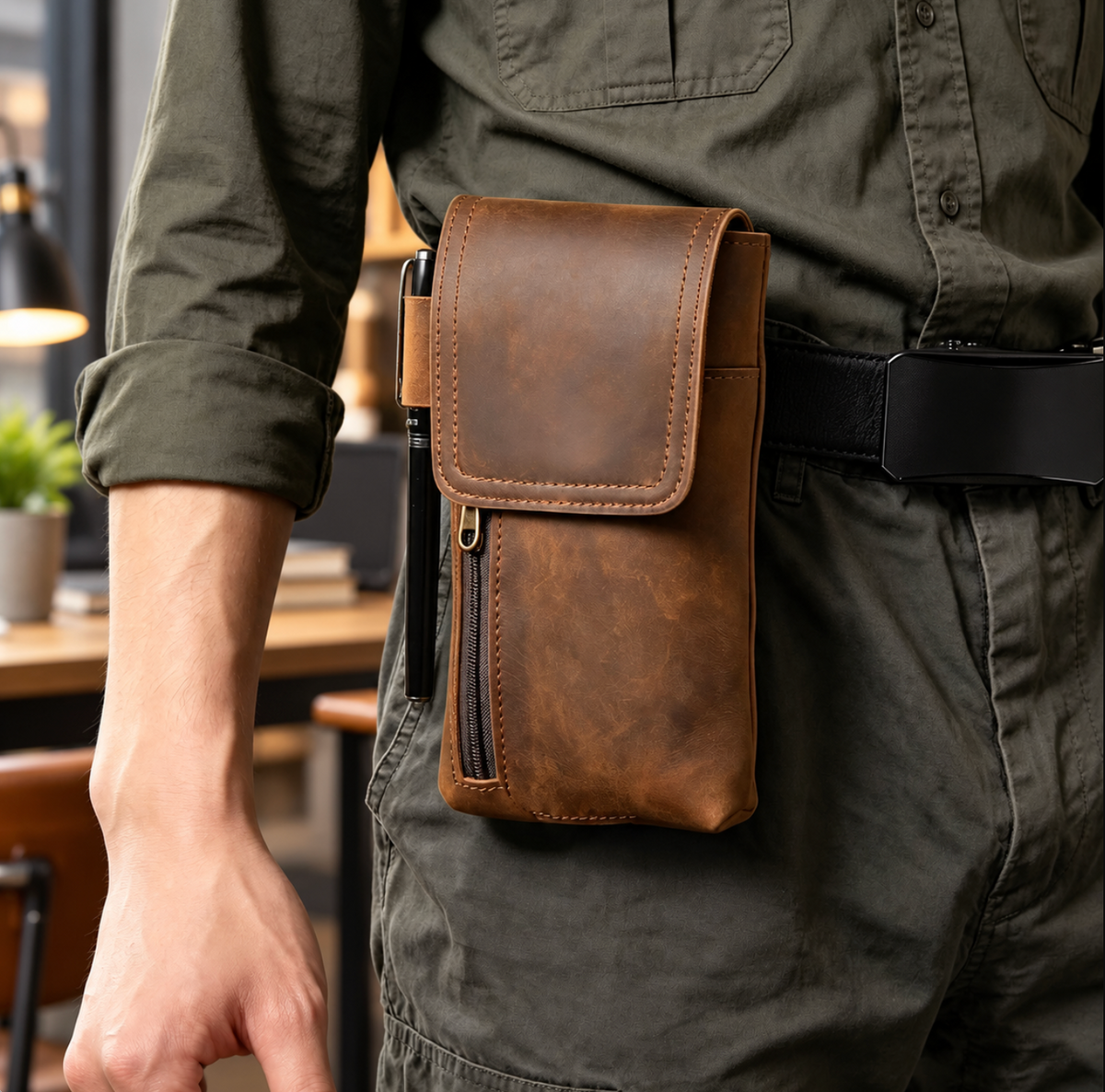 Men’s Leather Waist Bag with Magnetic Phone Pouch and Zipper Pocket