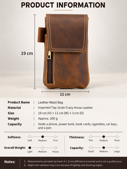 Men’s Leather Waist Bag with Magnetic Phone Pouch and Zipper Pocket