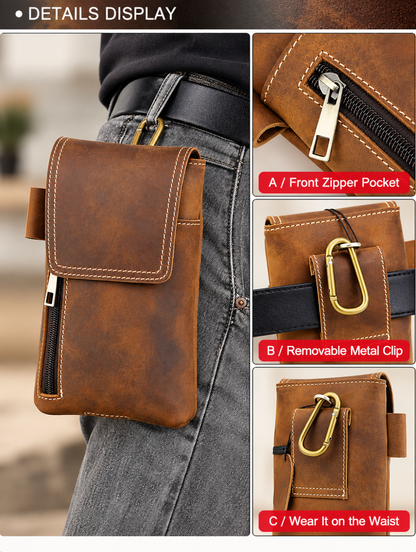 Men’s Leather Waist Bag with Magnetic Phone Pouch and Zipper Pocket