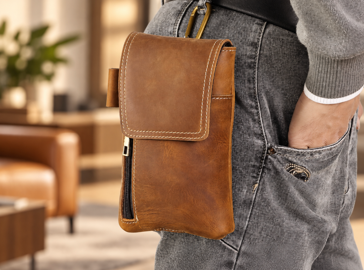 Men’s Leather Waist Bag with Magnetic Phone Pouch and Zipper Pocket