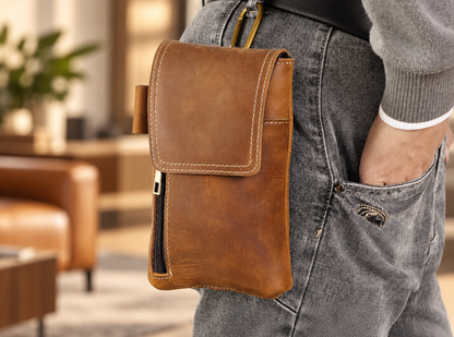 Men’s Leather Waist Bag with Magnetic Phone Pouch and Zipper Pocket