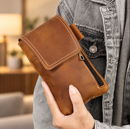 Men’s Leather Waist Bag with Magnetic Phone Pouch and Zipper Pocket