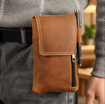 Men’s Leather Waist Bag with Magnetic Phone Pouch and Zipper Pocket