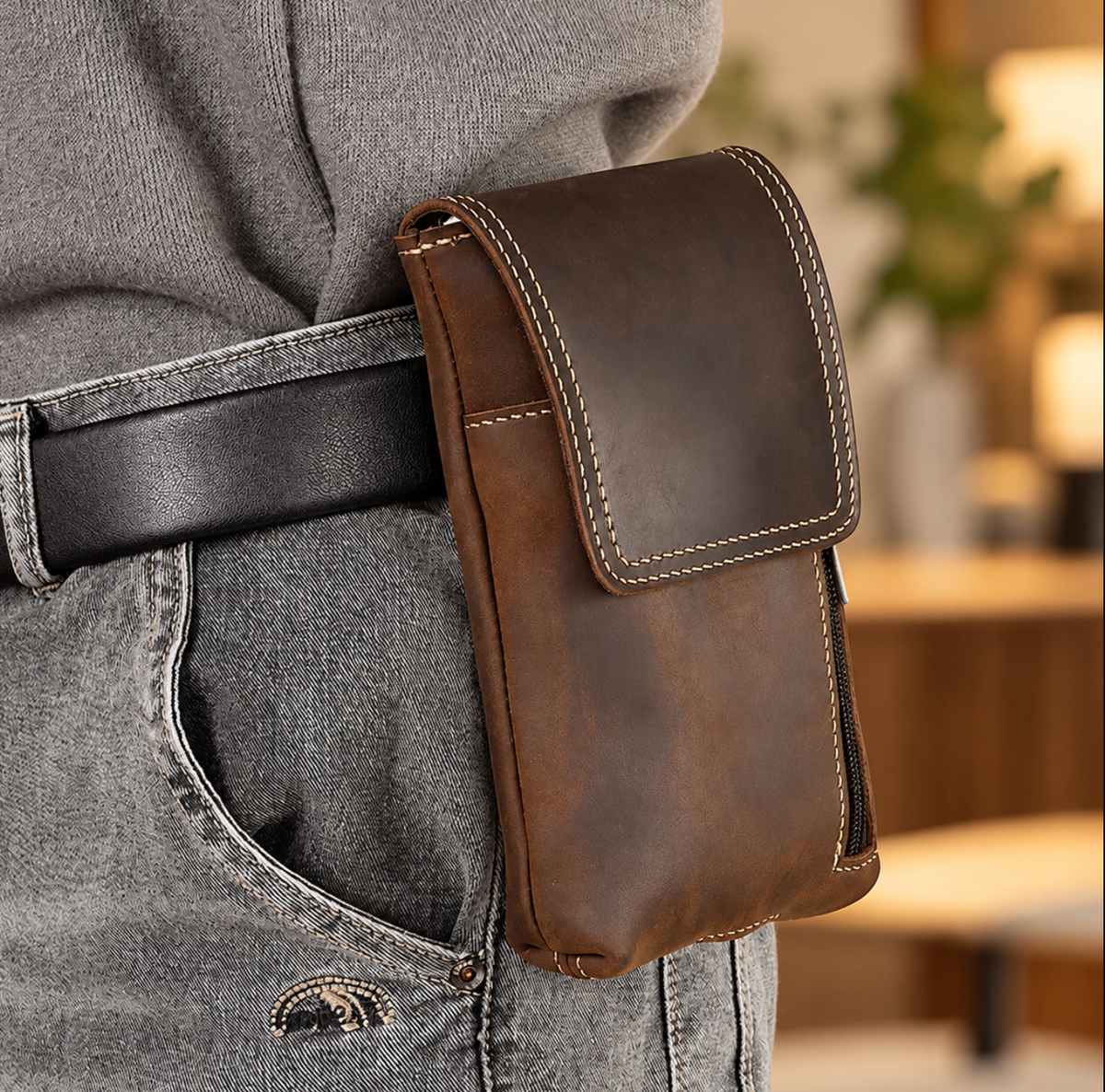 Men’s Leather Waist Bag with Magnetic Phone Pouch and Zipper Pocket