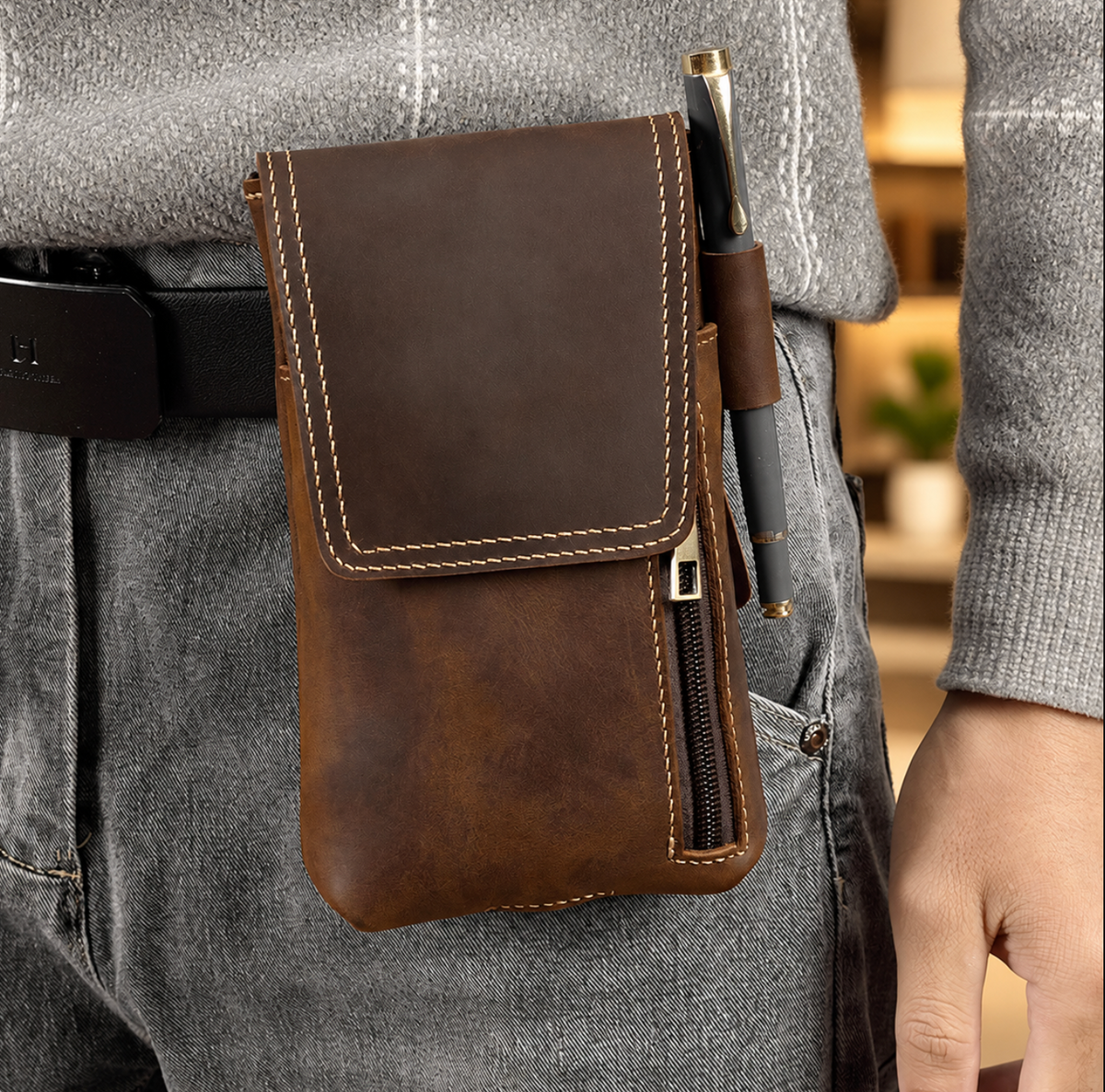 Men’s Leather Waist Bag with Magnetic Phone Pouch and Zipper Pocket