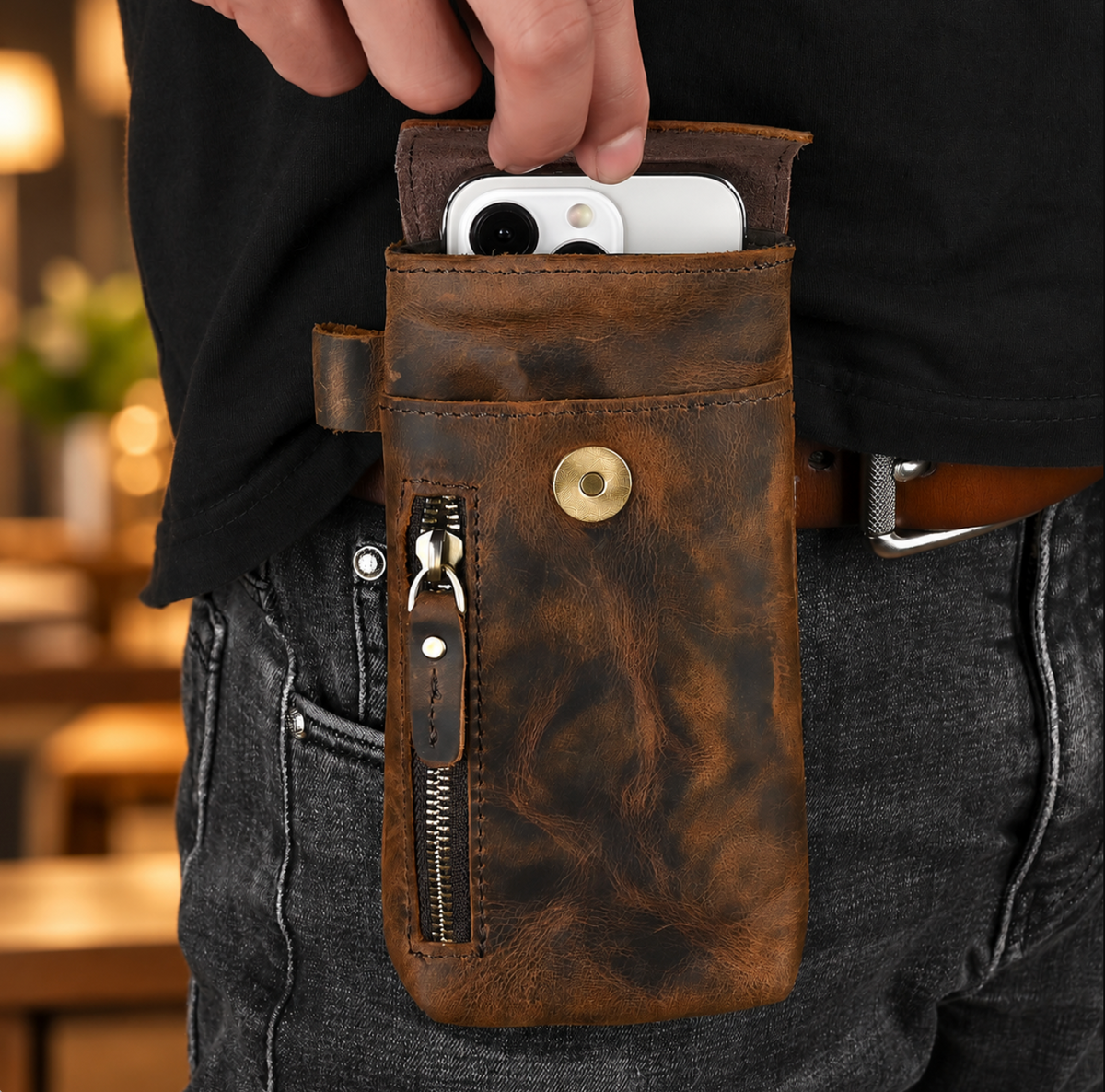 Men’s Leather Waist Bag with Vintage Phone Pouch and Zipper Pocket