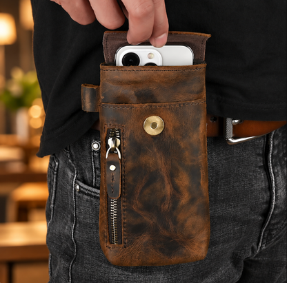 Men’s Leather Waist Bag with Vintage Phone Pouch and Zipper Pocket