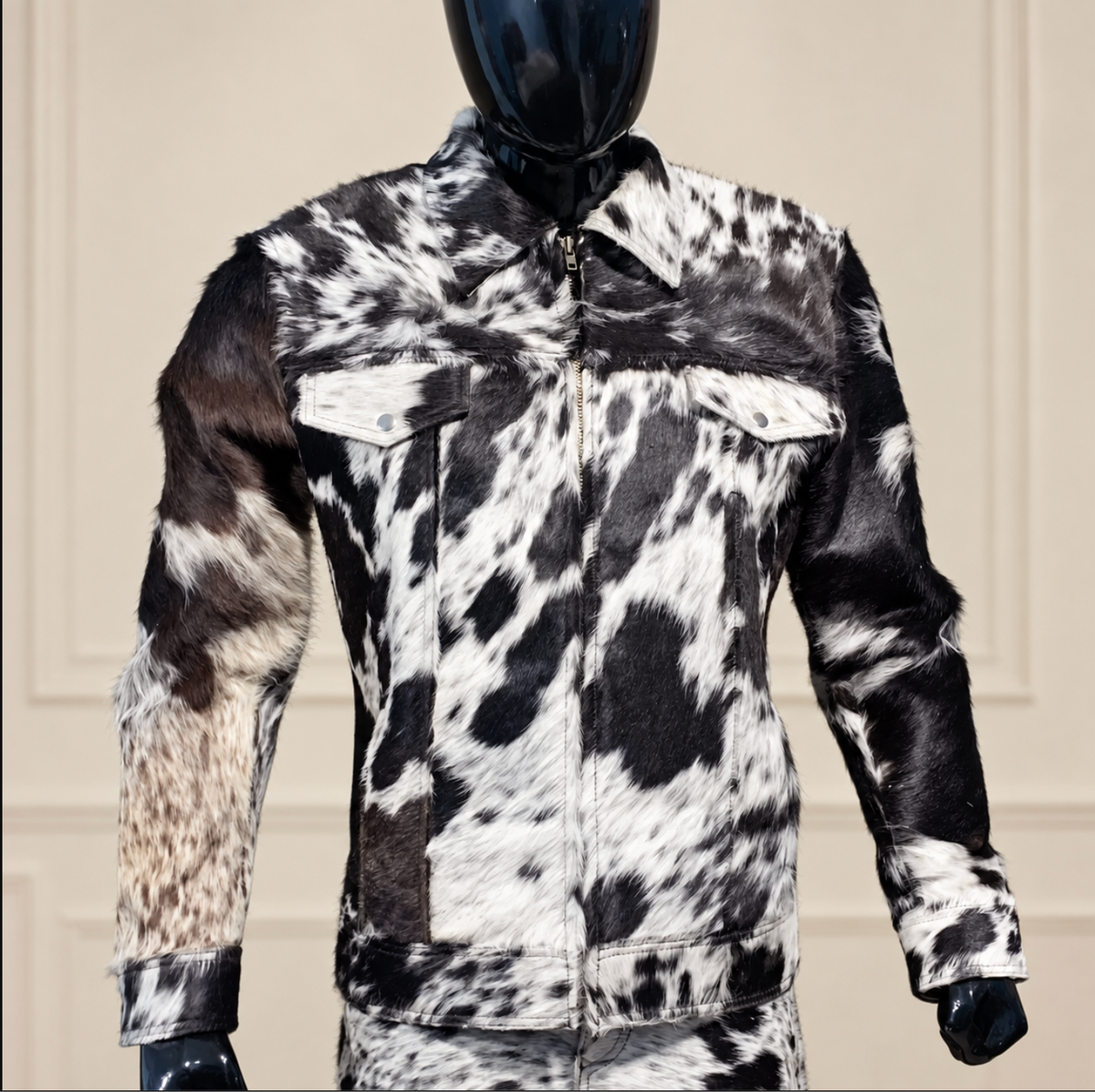 Men’s Cowhide Jacket with Hair-On Hide and Zipper Front