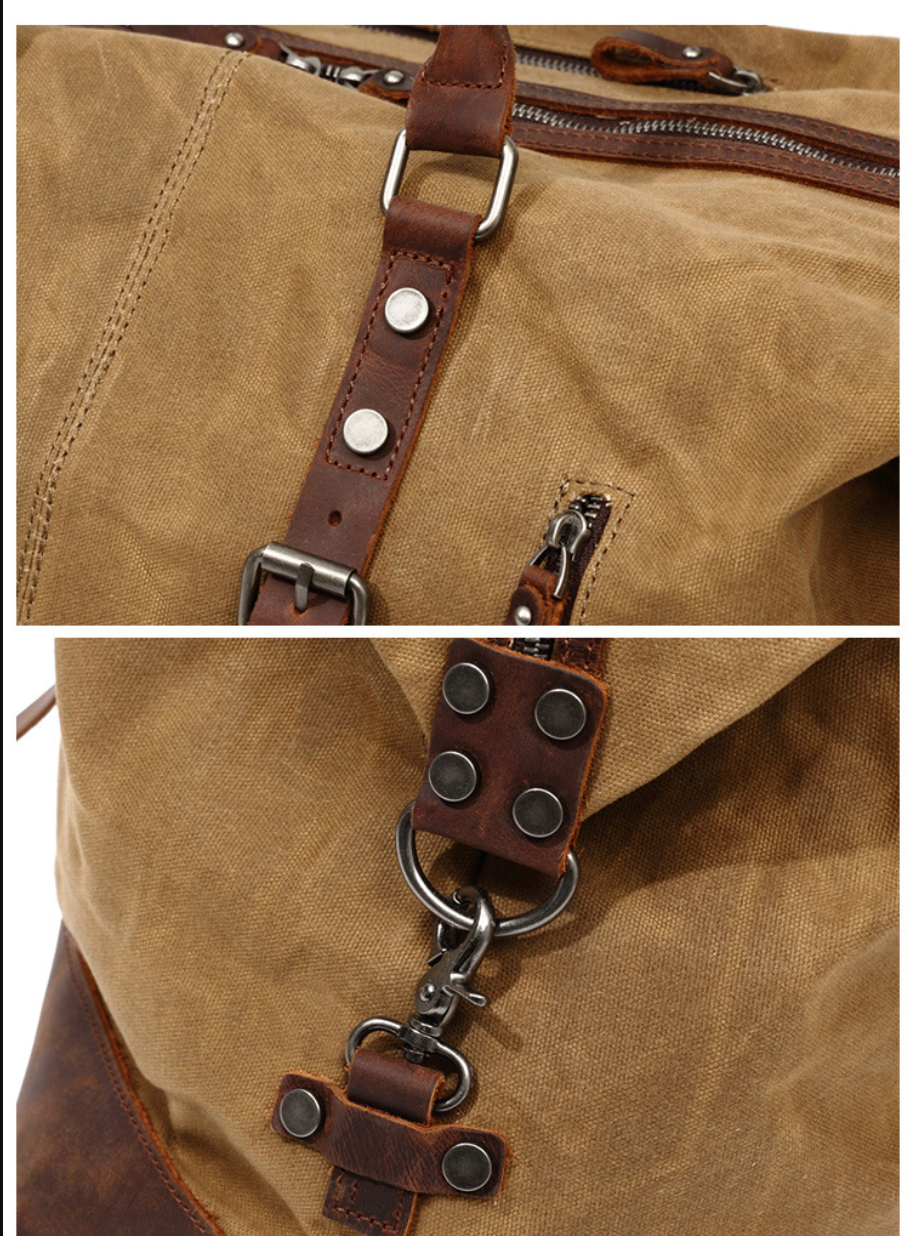 Canvas Duffle Bag with Waxed Finish and Top-Grain Cowhide Leather