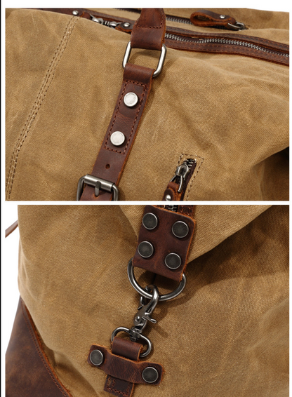 Canvas Duffle Bag with Waxed Finish and Top-Grain Cowhide Leather