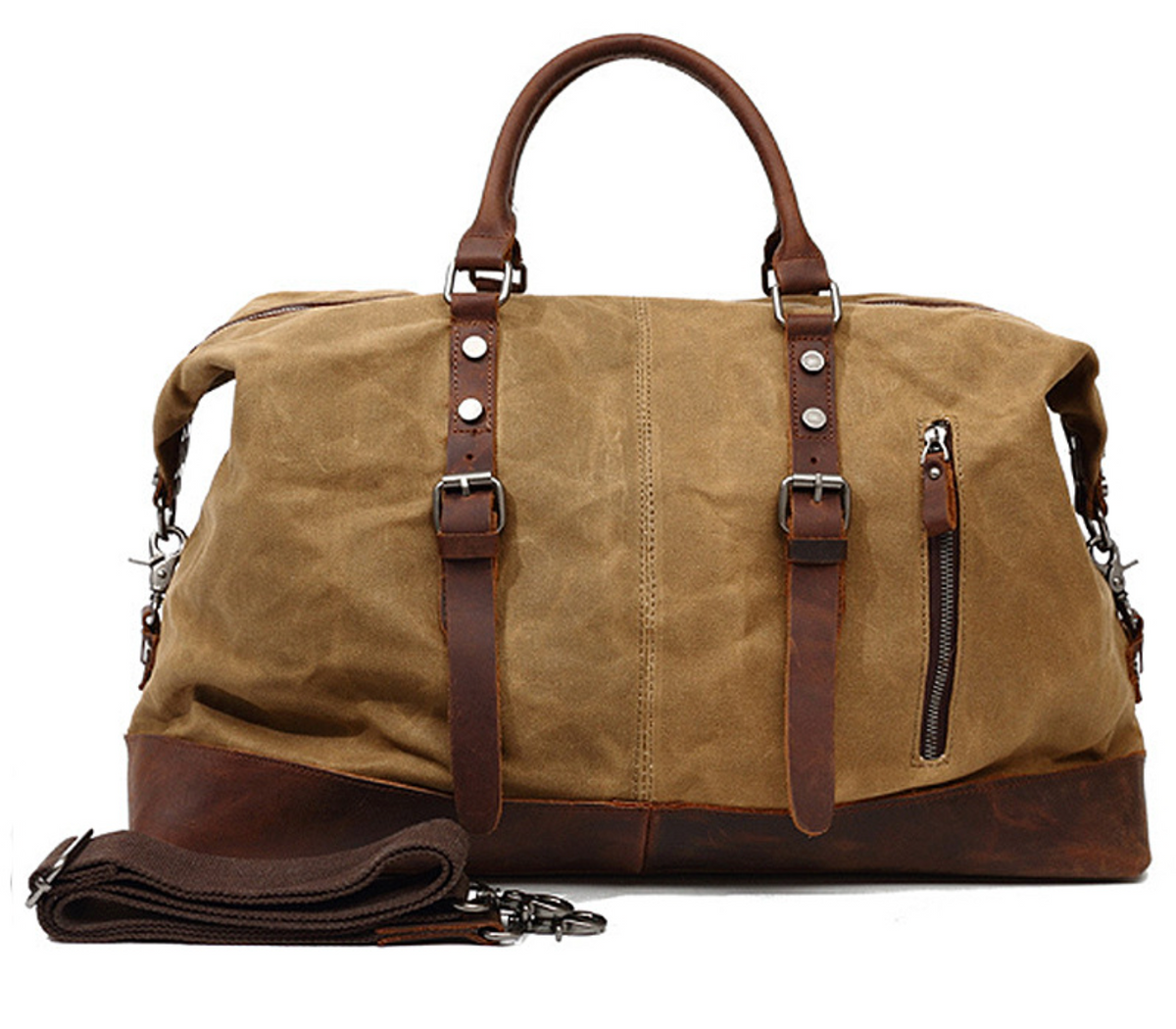Canvas Duffle Bag with Waxed Finish and Top-Grain Cowhide Leather