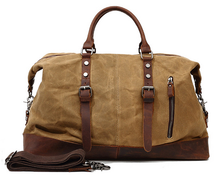 Canvas Duffle Bag with Waxed Finish and Top-Grain Cowhide Leather