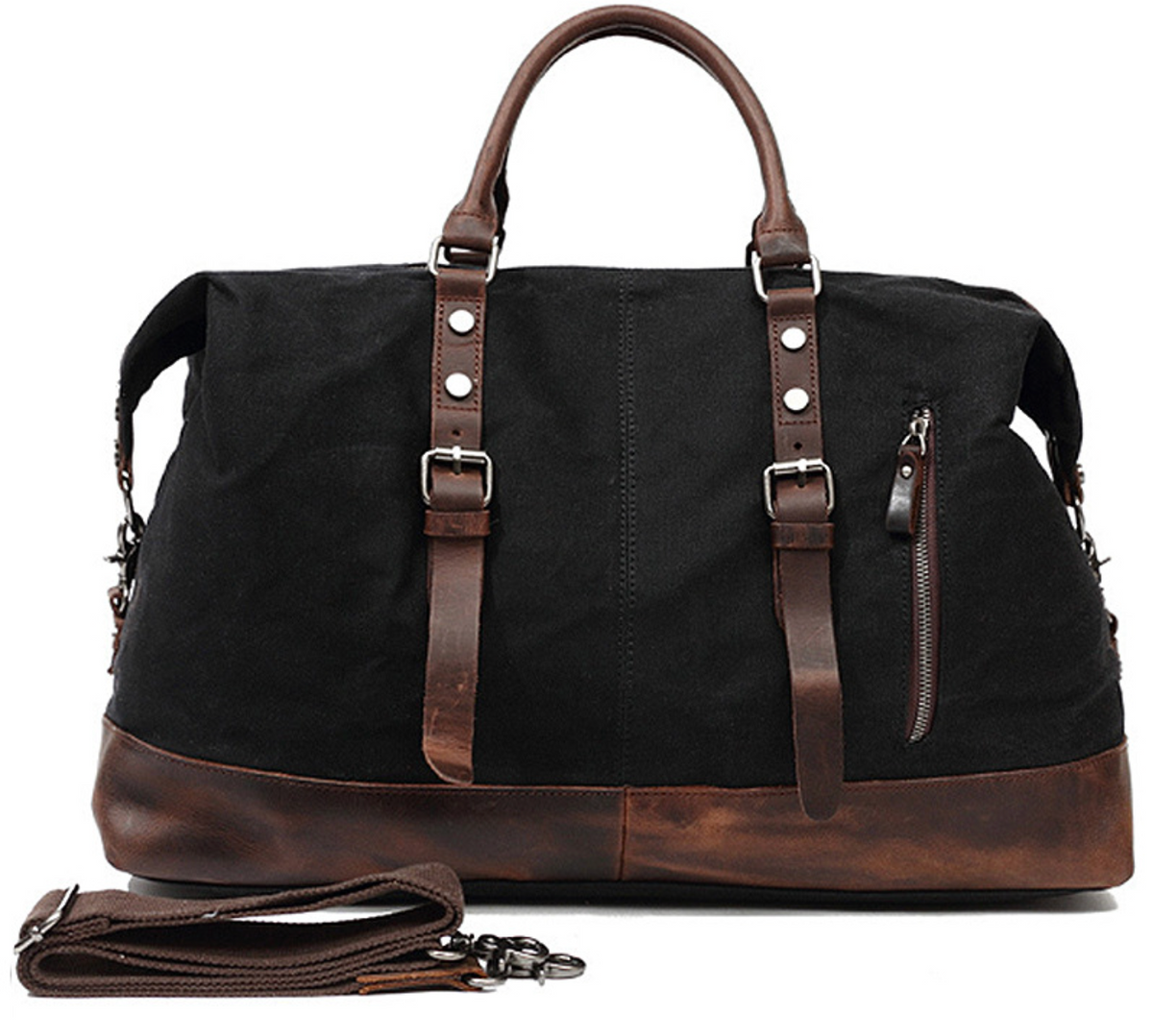 Canvas Duffle Bag with Waxed Finish and Top-Grain Cowhide Leather