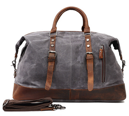 Canvas Duffle Bag with Waxed Finish and Top-Grain Cowhide Leather
