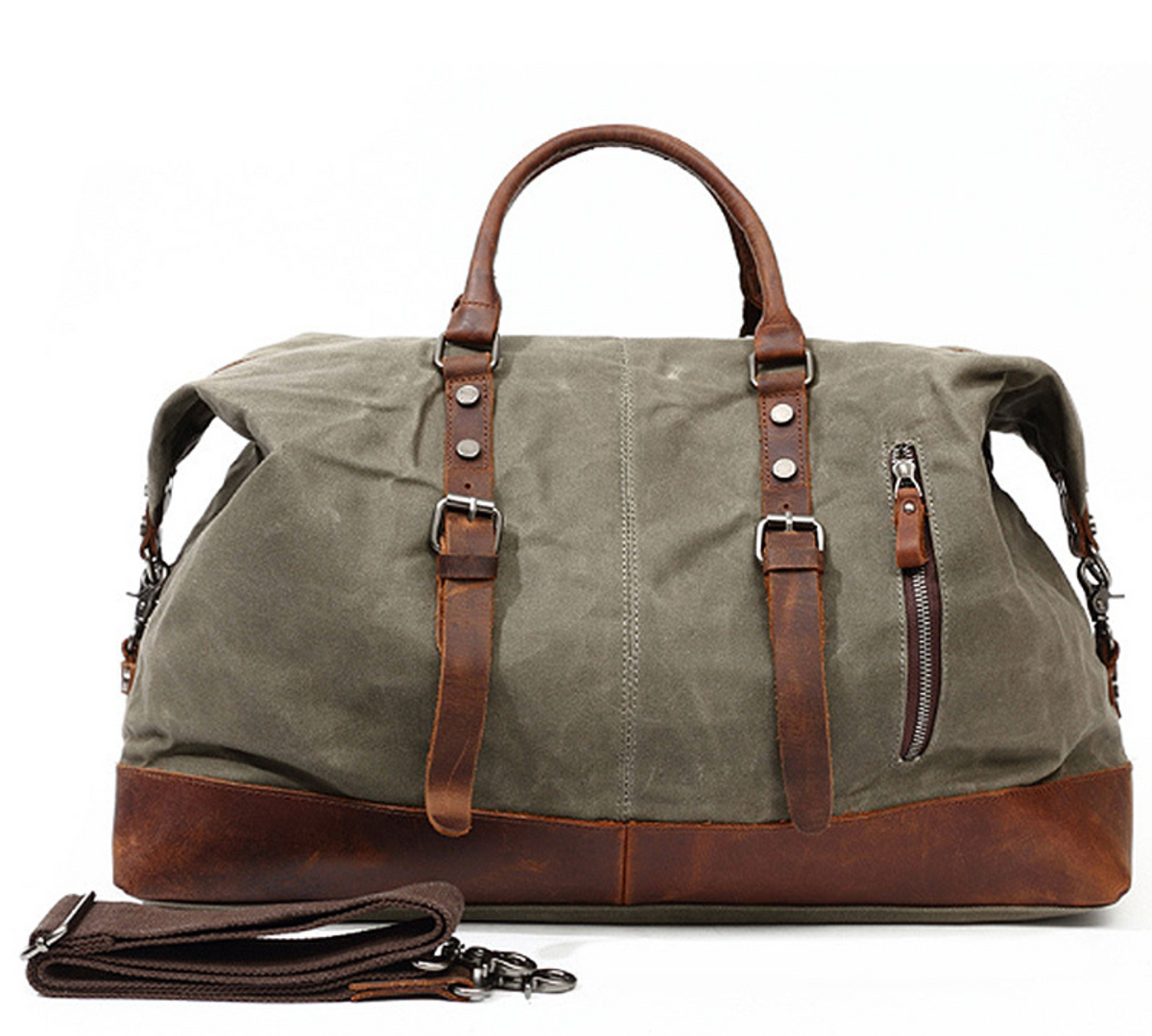 Canvas Duffle Bag with Waxed Finish and Top-Grain Cowhide Leather