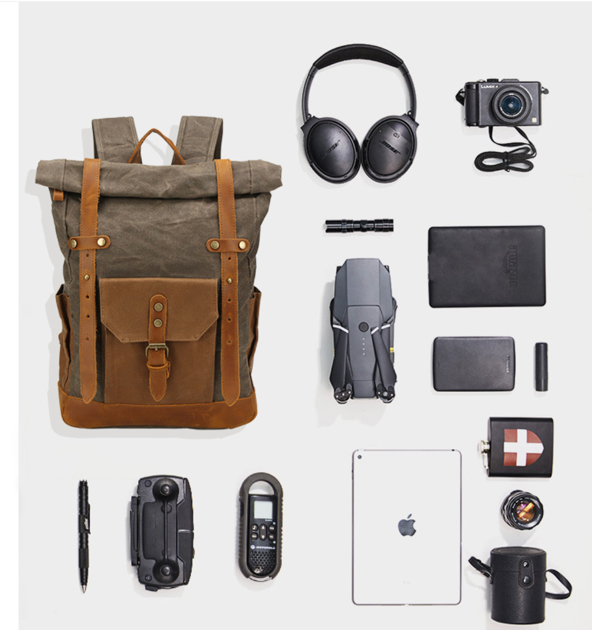 Canvas Backpack with Roll Top, Brown Trim and Organized Storage