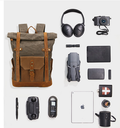 Canvas Backpack with Roll Top, Brown Trim and Organized Storage