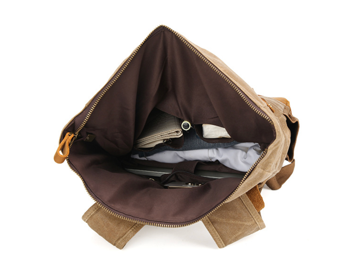 Canvas Backpack with Roll Top, Brown Trim and Organized Storage