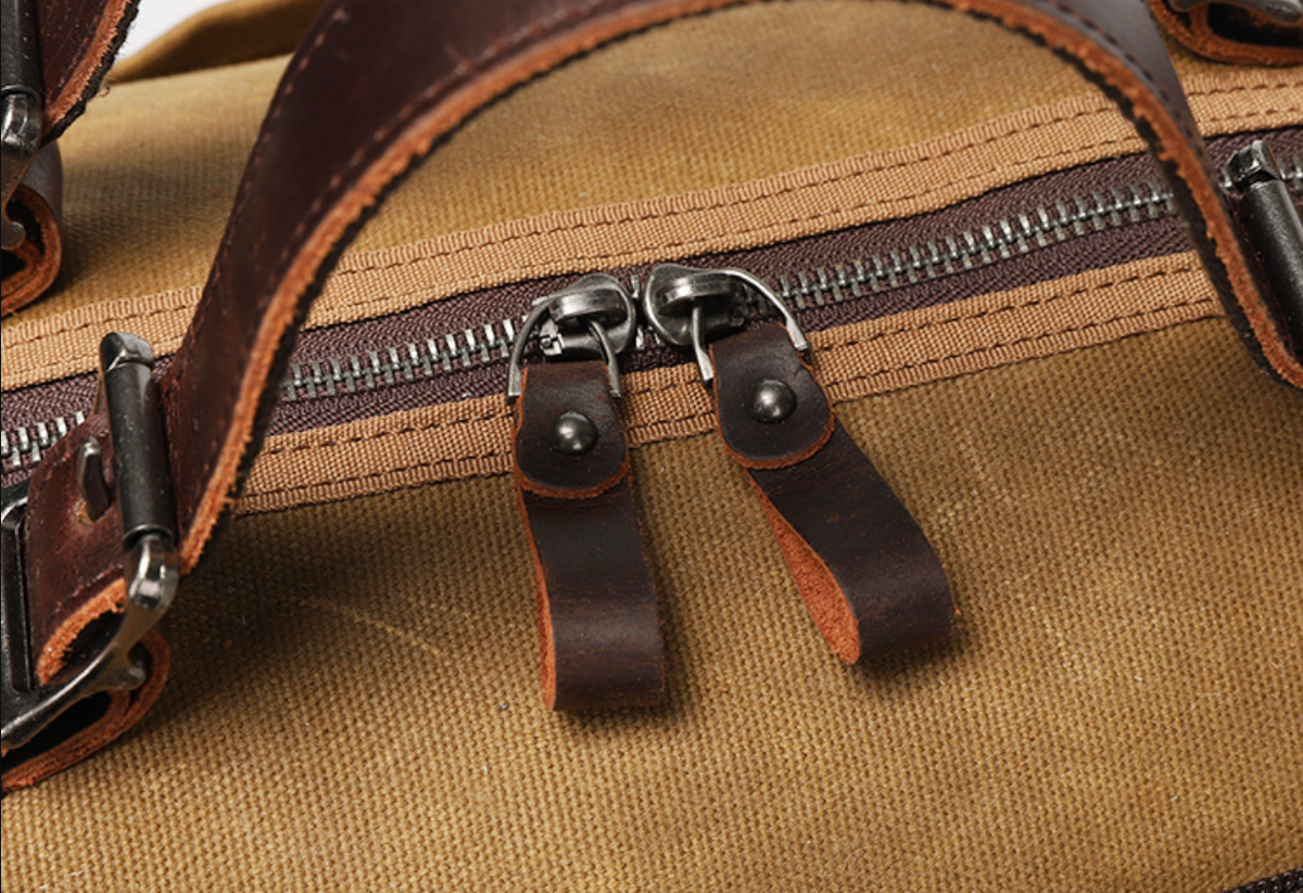 Canvas Duffle Bag with Washed Finish and Top-Grain Cowhide Leather