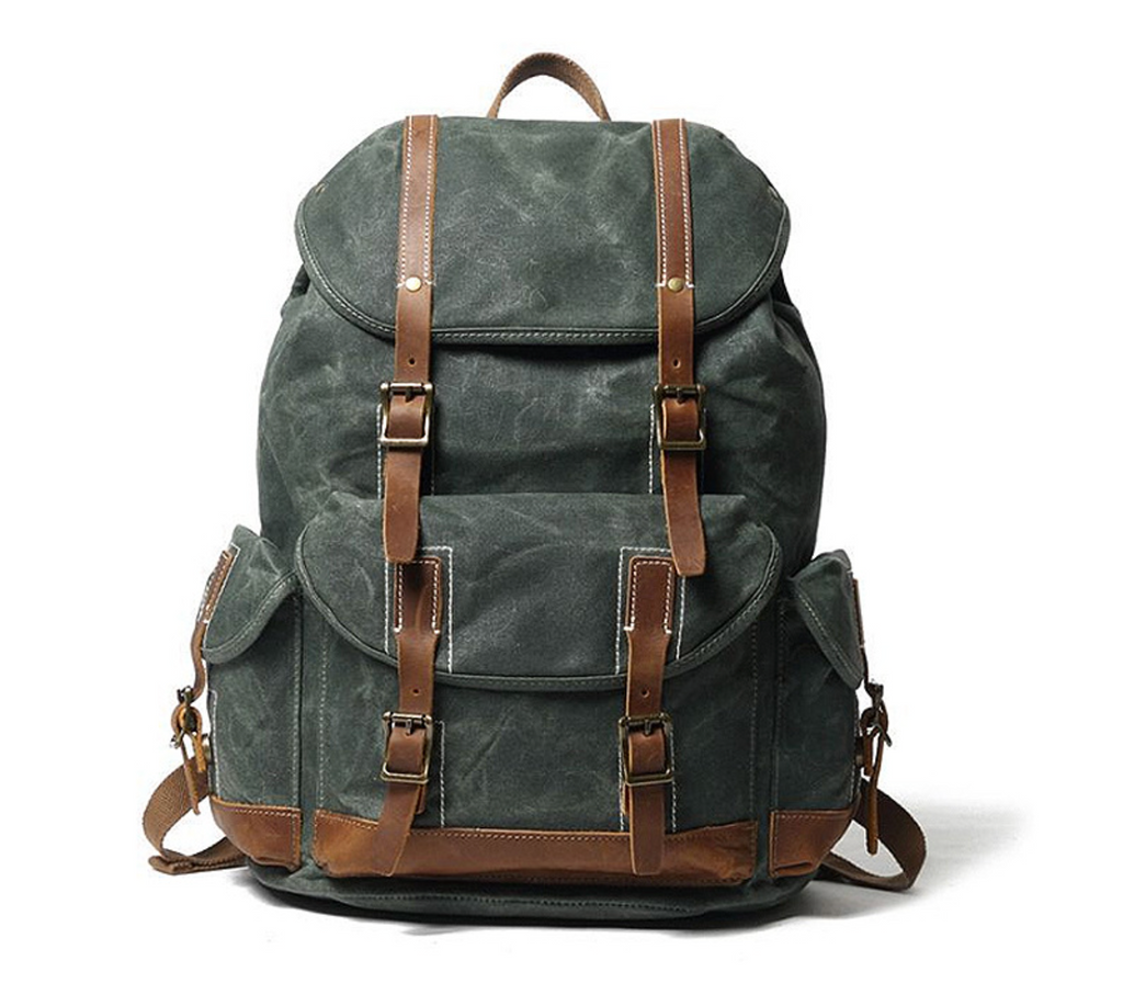 Waxed Canvas Backpack with Genuine Leather and Brass Hardware