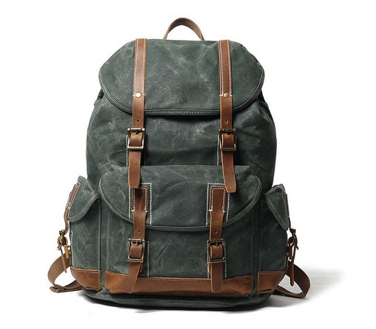Waxed Canvas Backpack with Genuine Leather and Brass Hardware